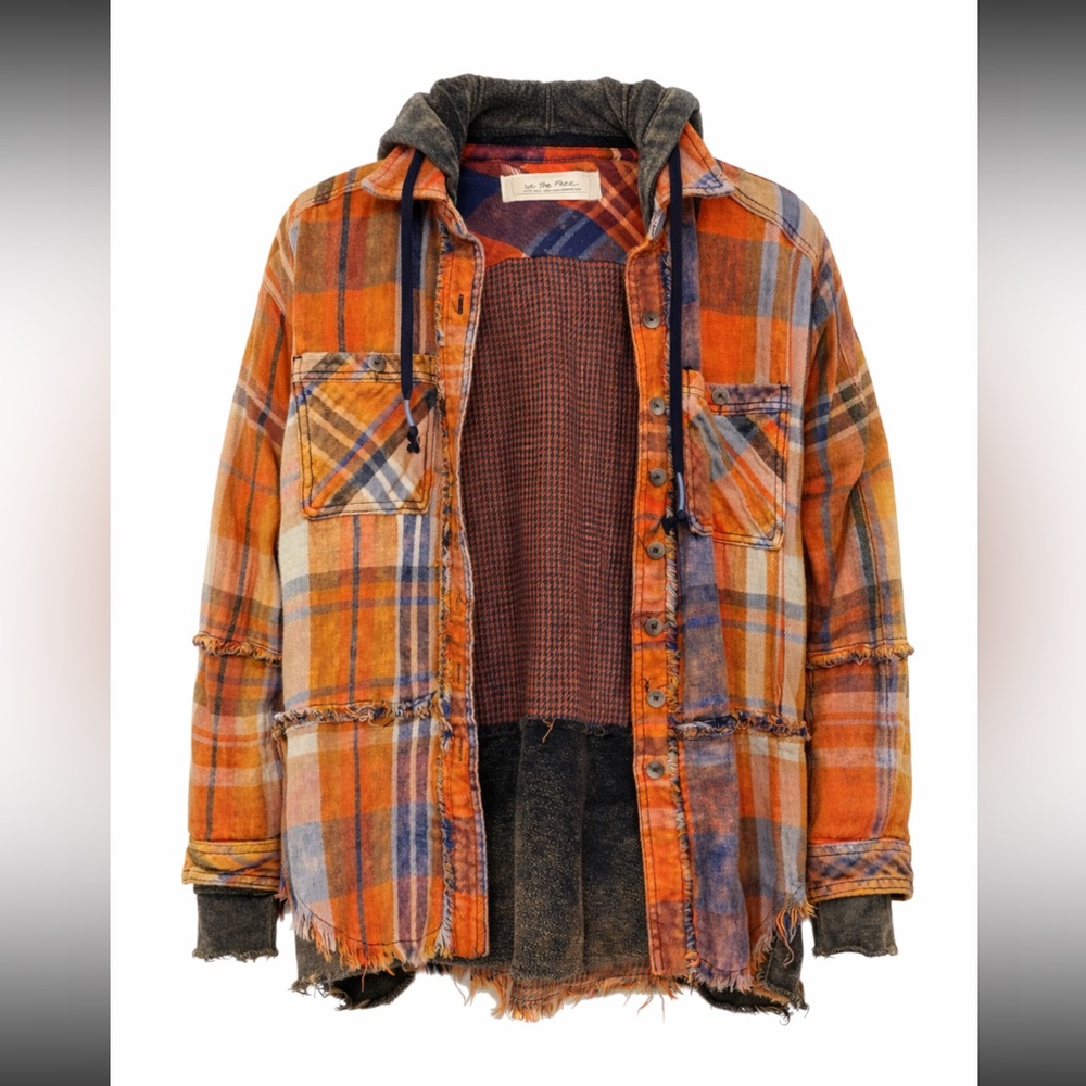 We The Free Patchwork Distressed Hooded Flannel Shacket Size XS